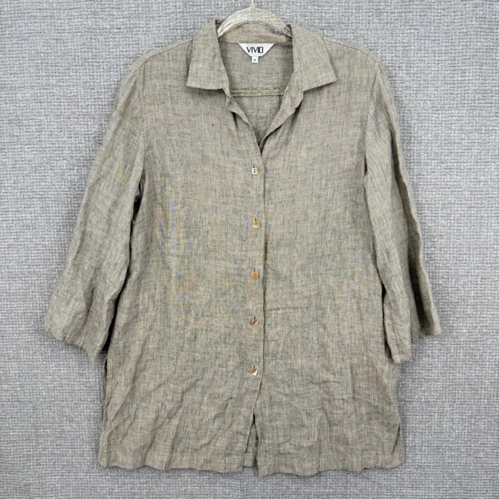 Vivid Linen Button Down Shirt Women XL Tan Beige 100% Linen Minimalist
